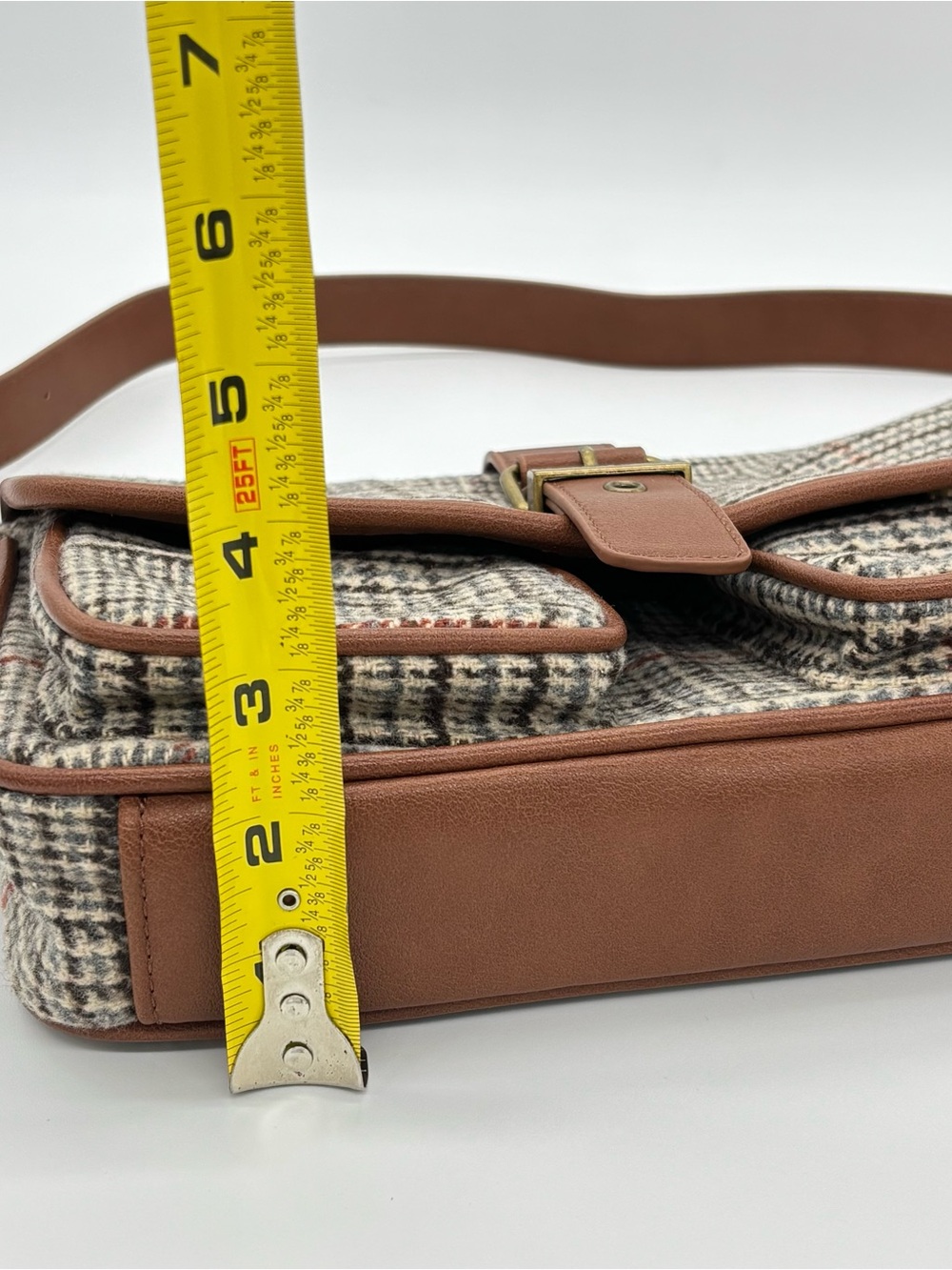 Frye & Co Houndstooth Plaid Shoulder Bag Brown Purse Academia Equestrian Preppy - Picture 10 of 15